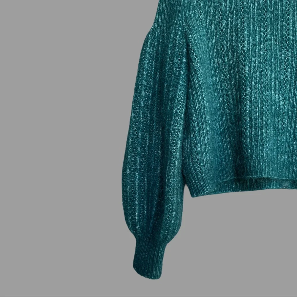 SEZANE Emerald Teal Green Mohair Wool Balloon Sleeve Alyssa Cardigan Sweater - Picture 11 of 13